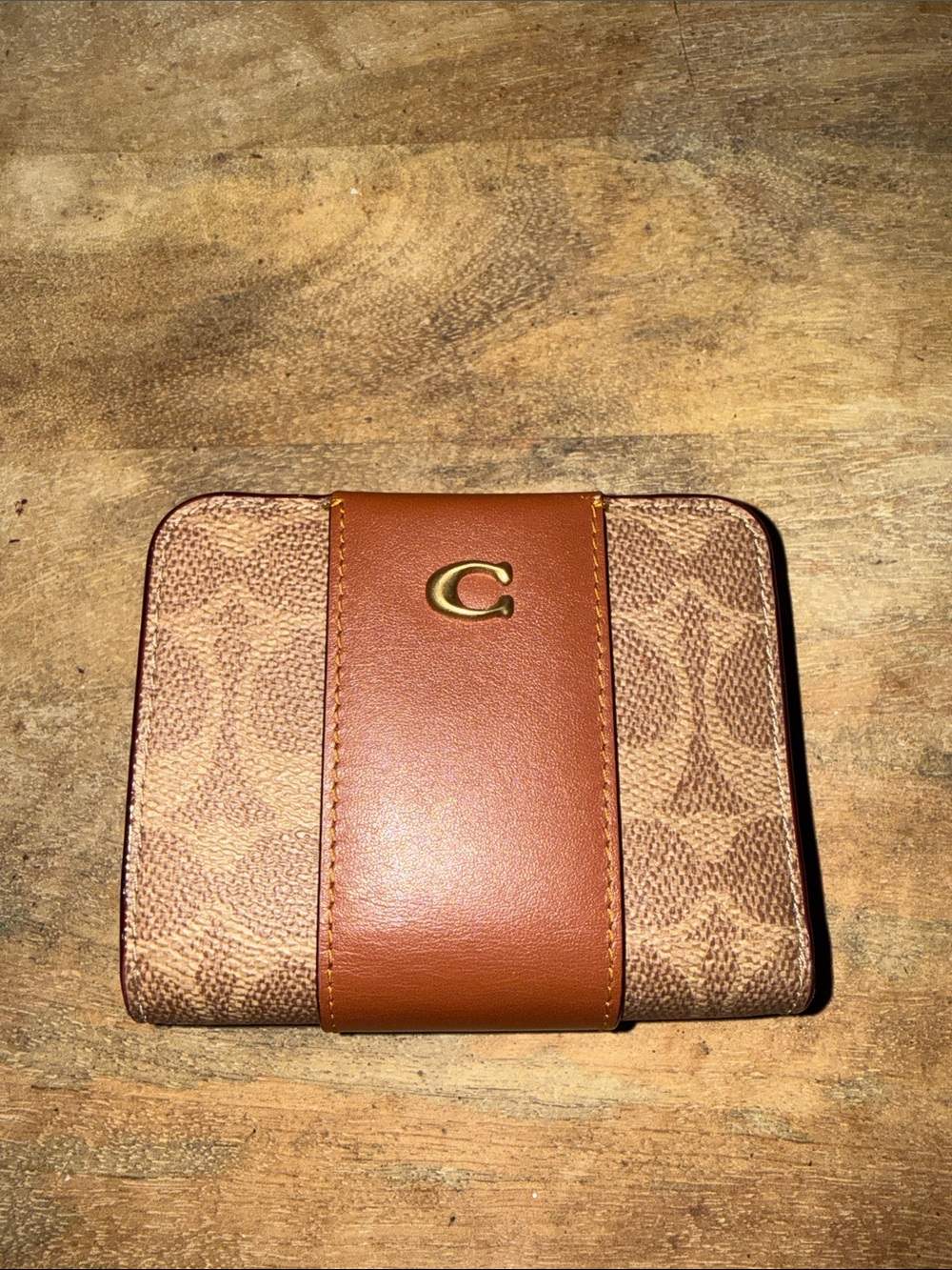 Coach Two-Tone Brown Signature Compact Wallet with Gold Accent